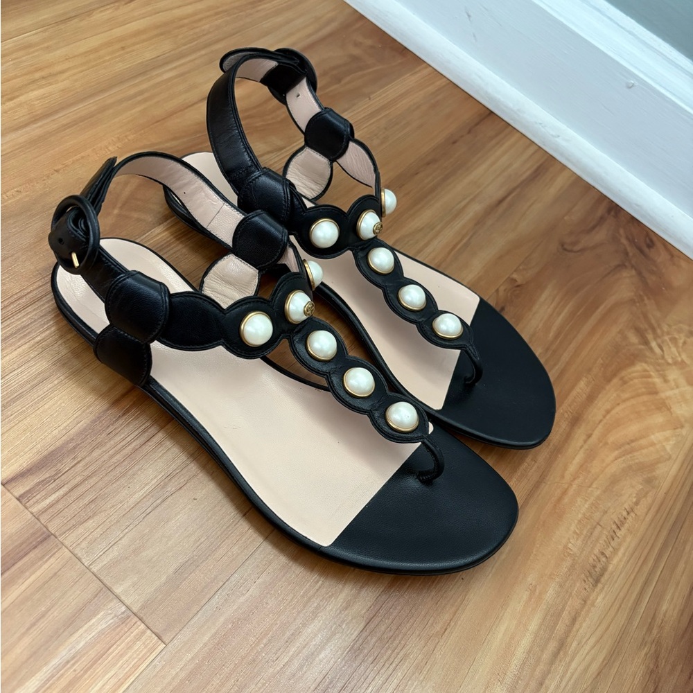 Gucci Black Sandals with Ankle Strap and Polka Dot Design